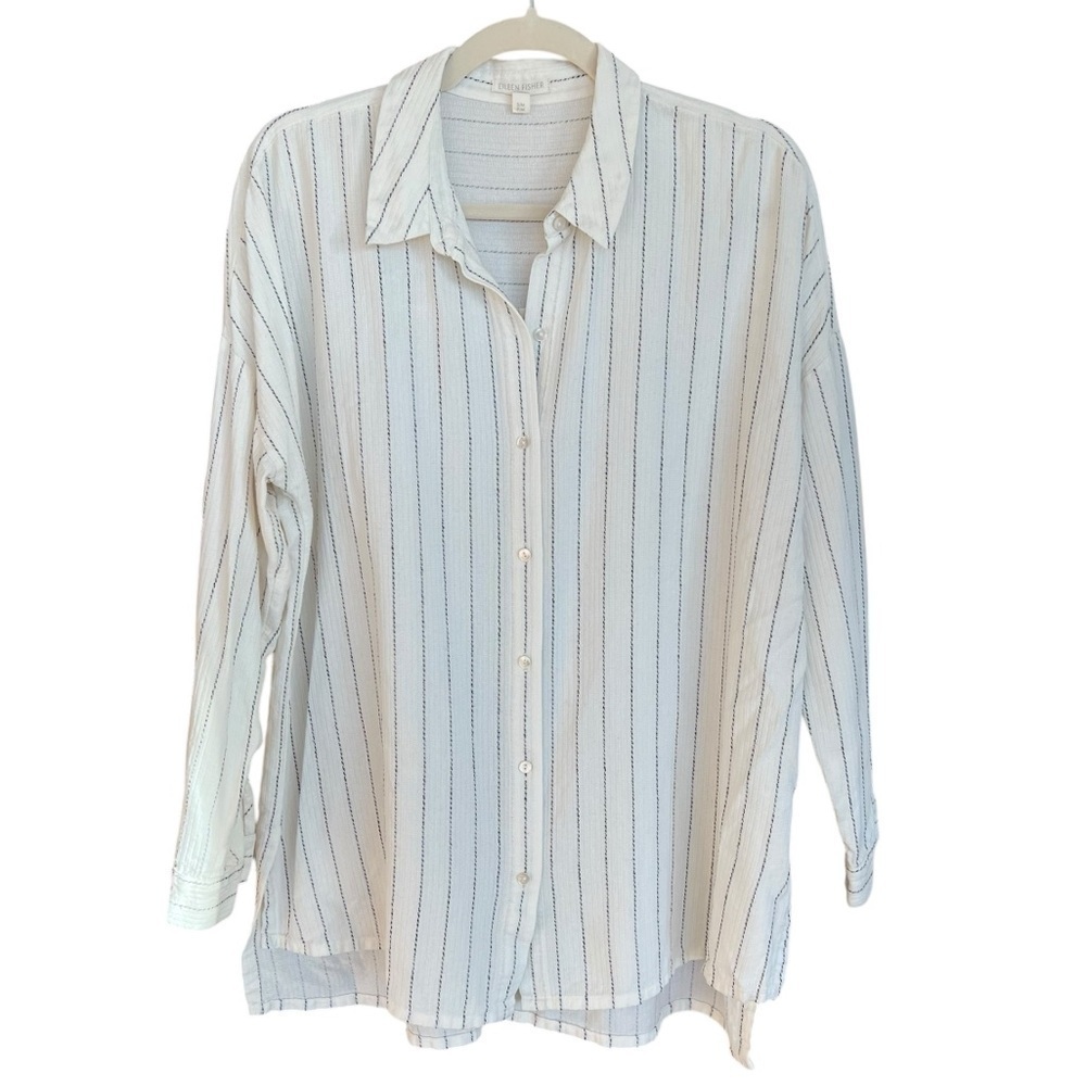Eileen Fisher Striped Gauze Relaxed Tunic Shirt Ecru Black S/M Casual Lagenlook - Picture 2 of 6